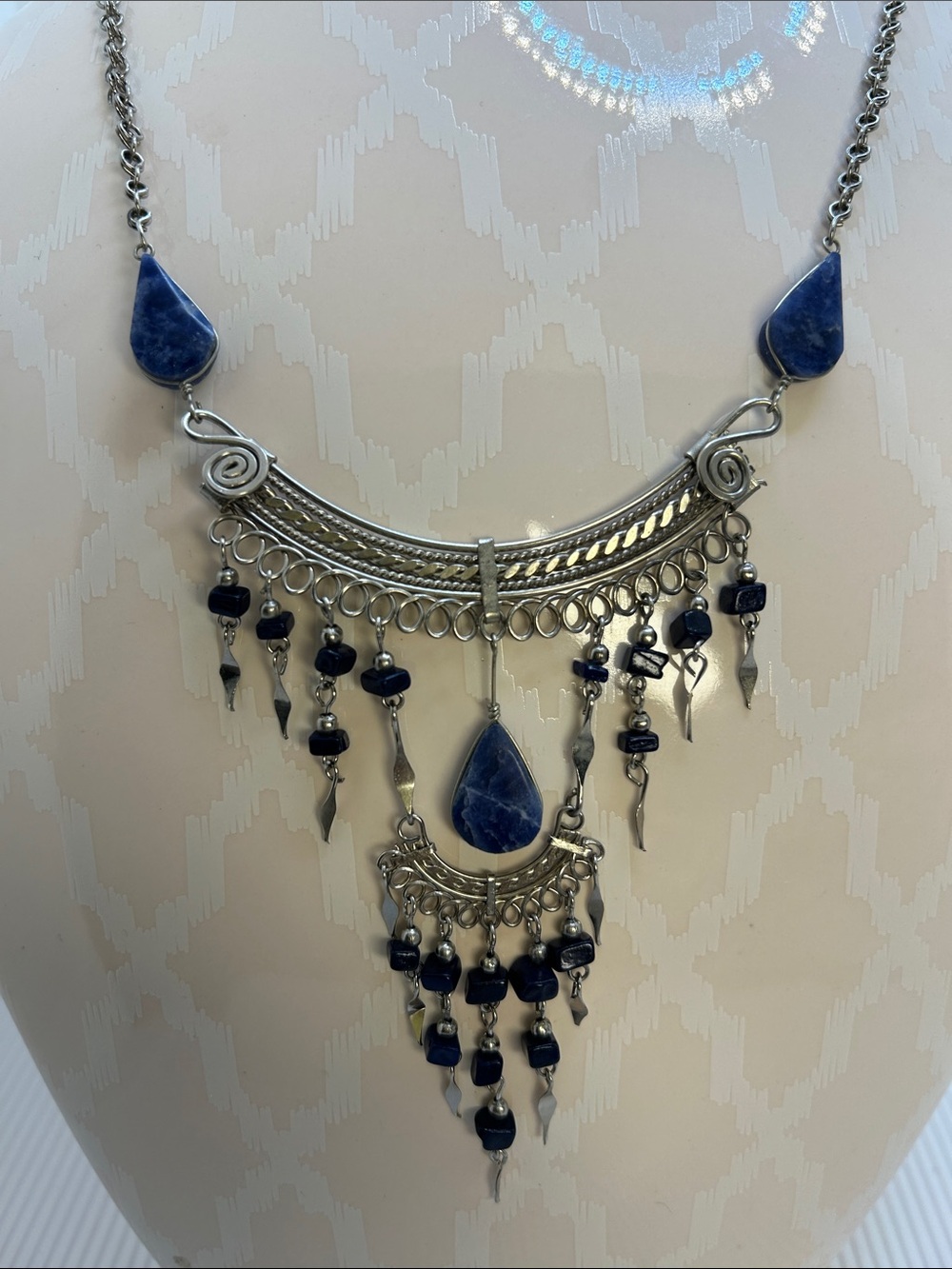 Vintage Lapis Silver Necklace with Blue Stone Drops